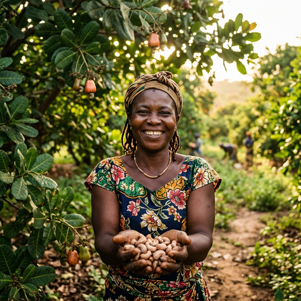 Female Ghanaian cashew farmer holding raw cashews