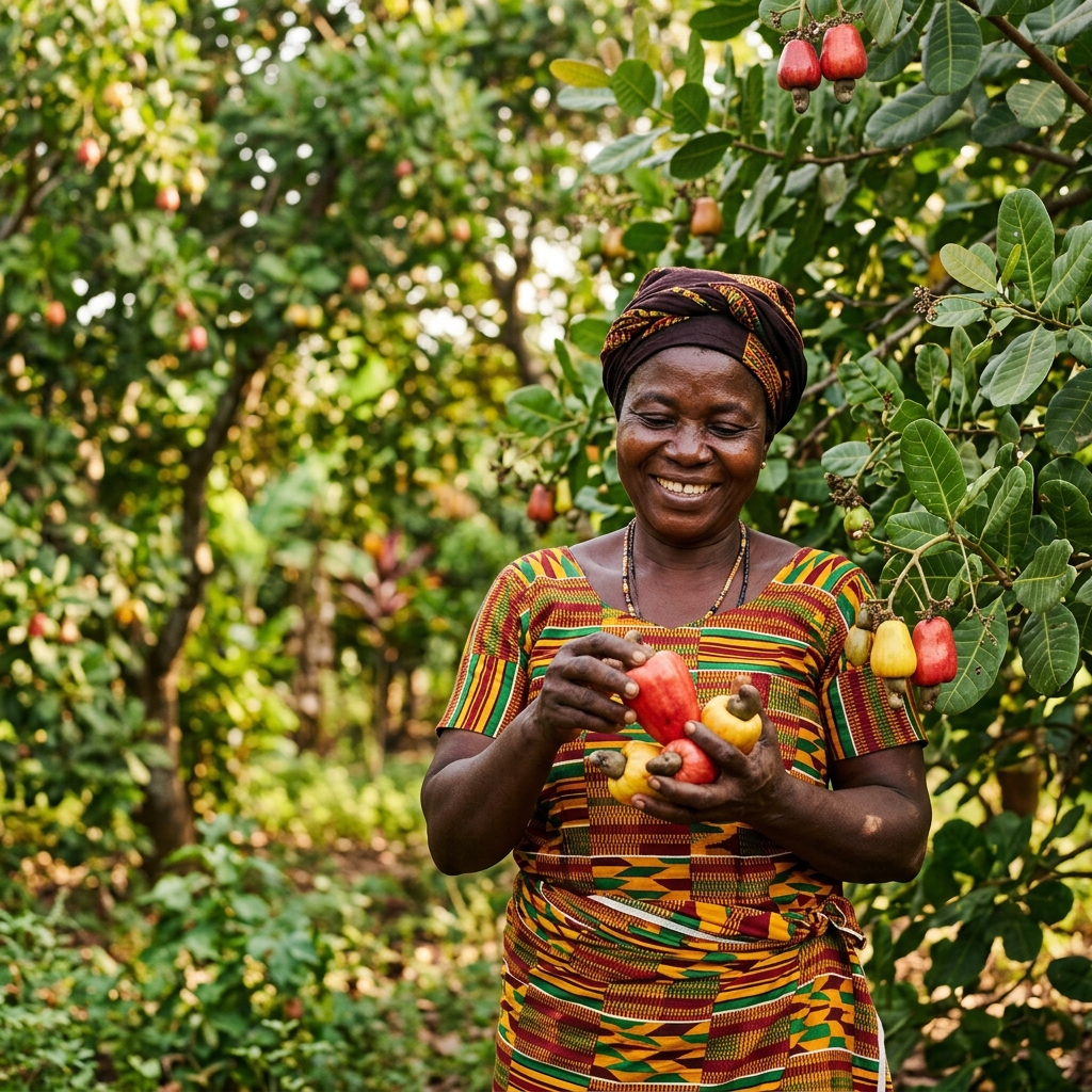 Ghanaian cashew farmer holding freshly harvested cashew apples