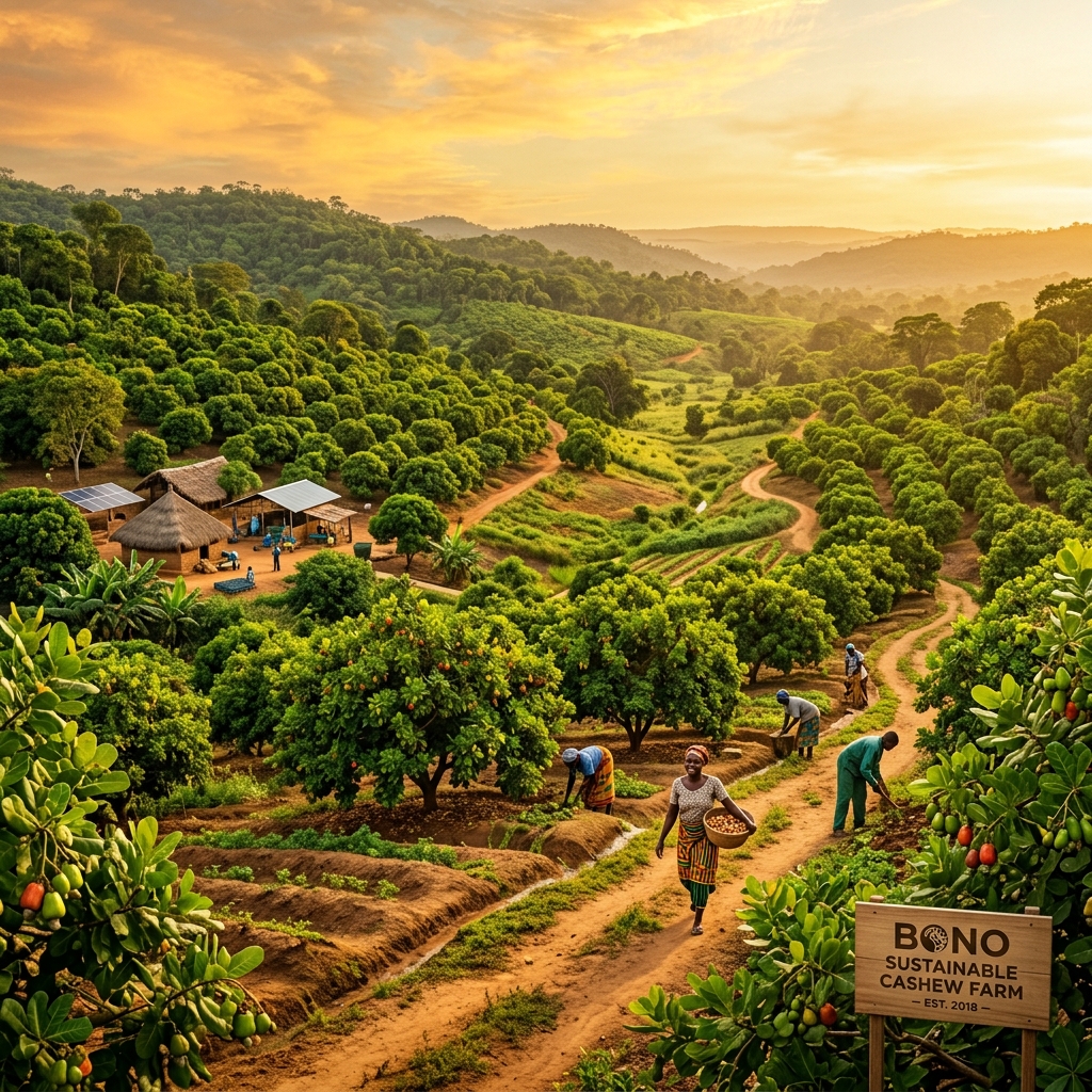 Lush sustainable cashew farm in the Bono Region at golden hour