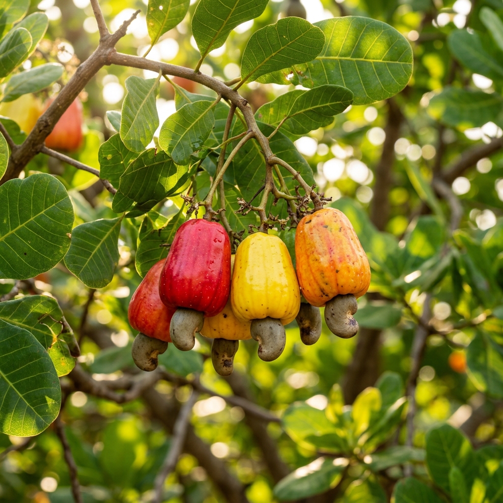Vibrant cashew apples on a lush green branch
