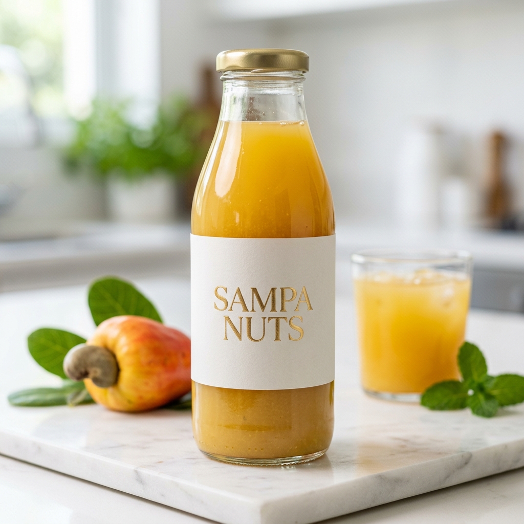 Premium cashew apple juice in a glass bottle